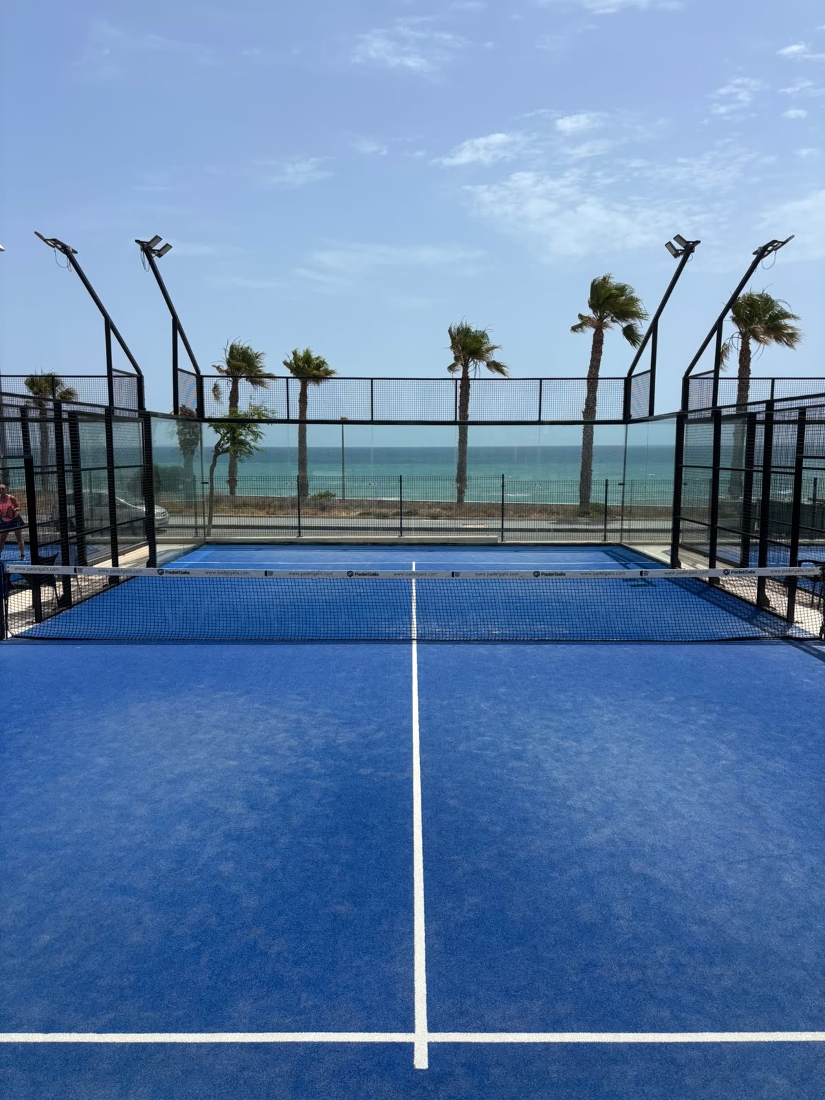 Pista de pádel frente al mar con palmeras